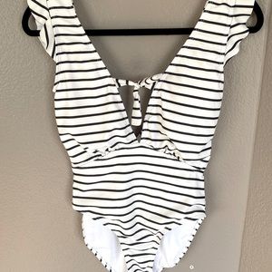 Women’s One-piece Swimsuit. White/Navy Stripes